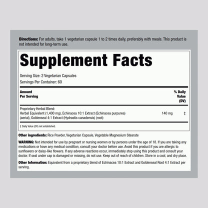 Piping Rock Echinacea Goldenseal supplement bottle side label