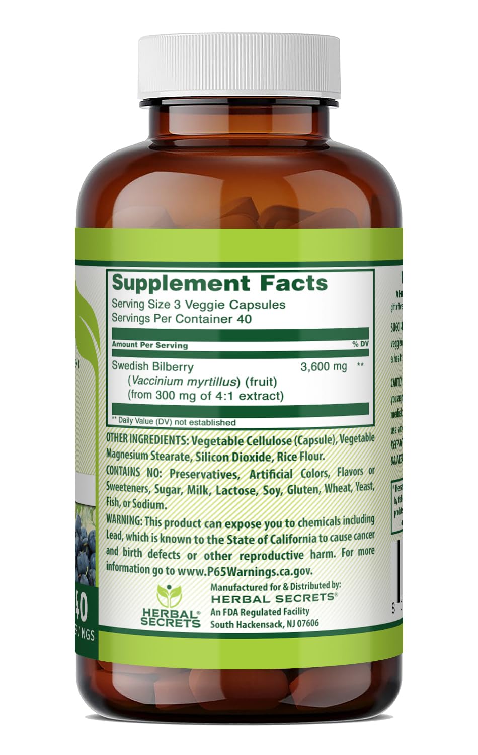 Herbal Secrets Bilberry 3600mg supplement facts label showing Swedish bilberry extract ingredients