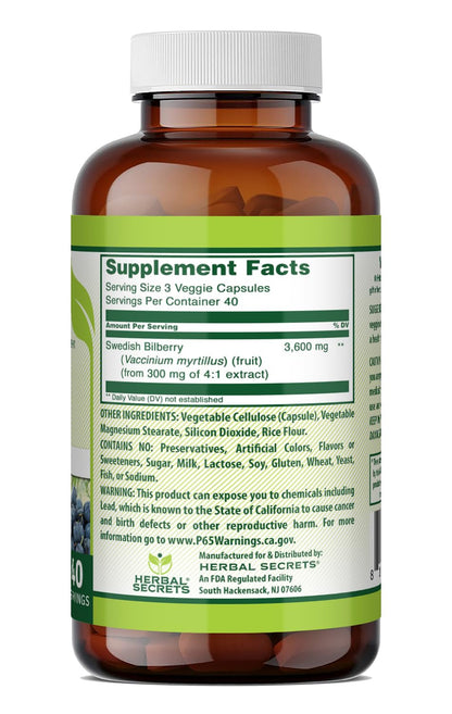 Herbal Secrets Bilberry 3600mg supplement facts label showing Swedish bilberry extract ingredients