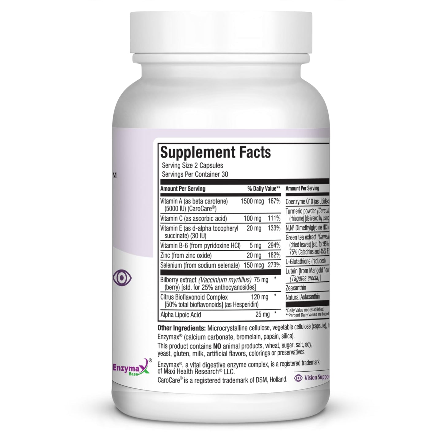 Maxi Health Complete Vision Support unflavored supplement facts label with astaxanthin and bilberry ingredients.