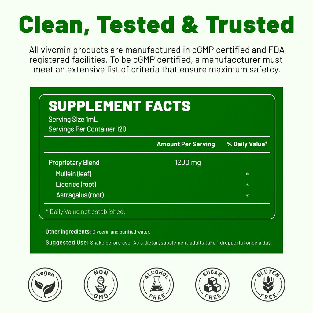 Vivcmin Mullein Drops for Lungs health supplement bottle side profile