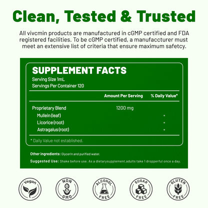 Vivcmin Mullein Drops for Lungs health supplement bottle side profile