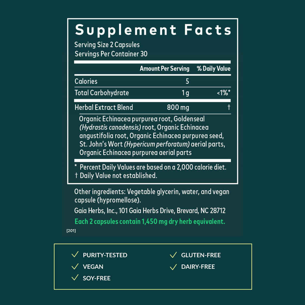 Side profile of Gaia Herbs Echinacea Goldenseal 60 capsule bottle