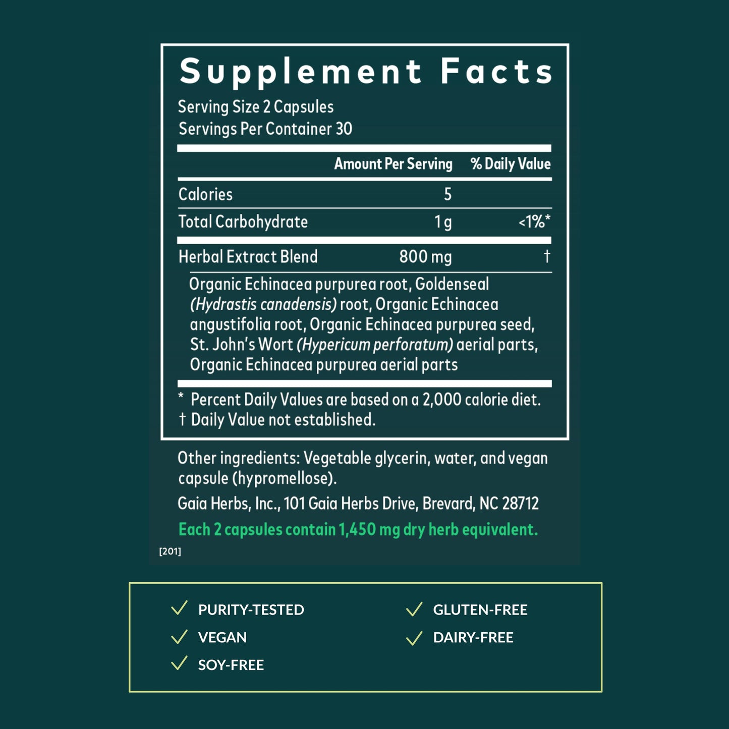 Side profile of Gaia Herbs Echinacea Goldenseal 60 capsule bottle
