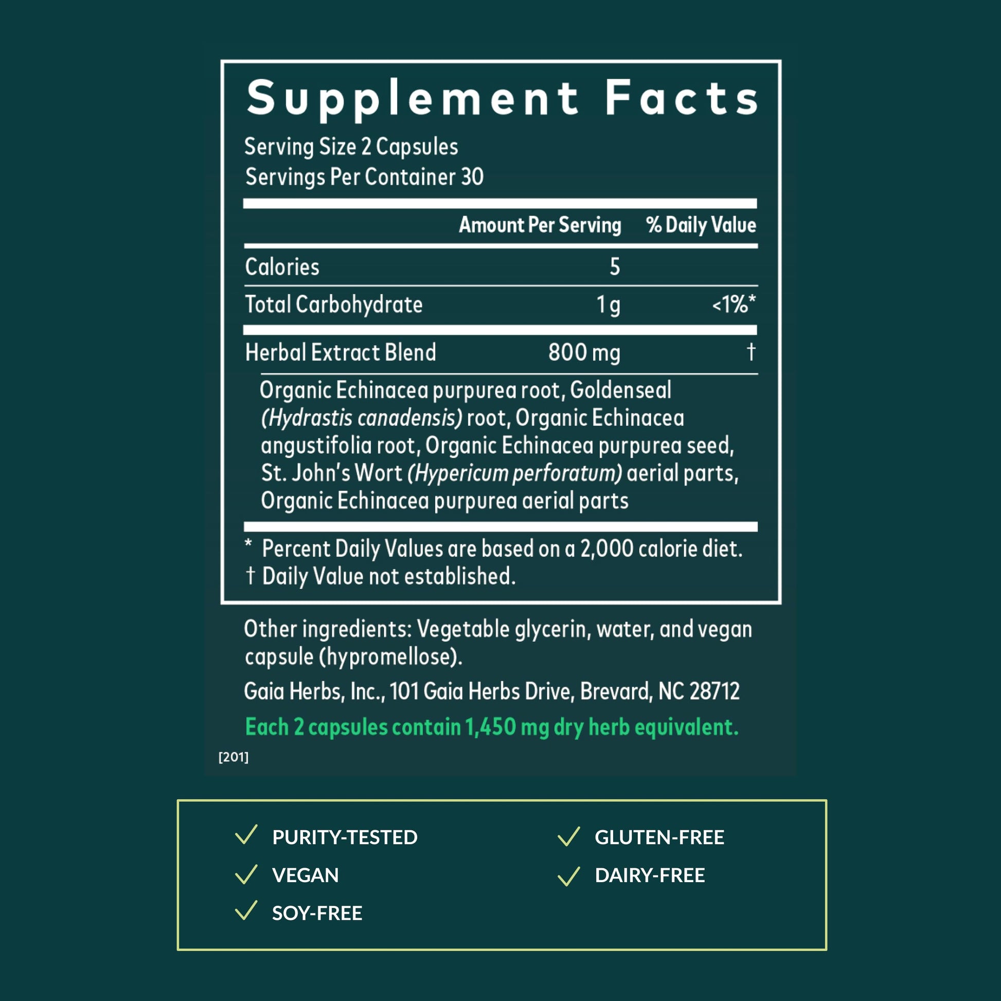 Side profile of Gaia Herbs Echinacea Goldenseal 60 capsule bottle
