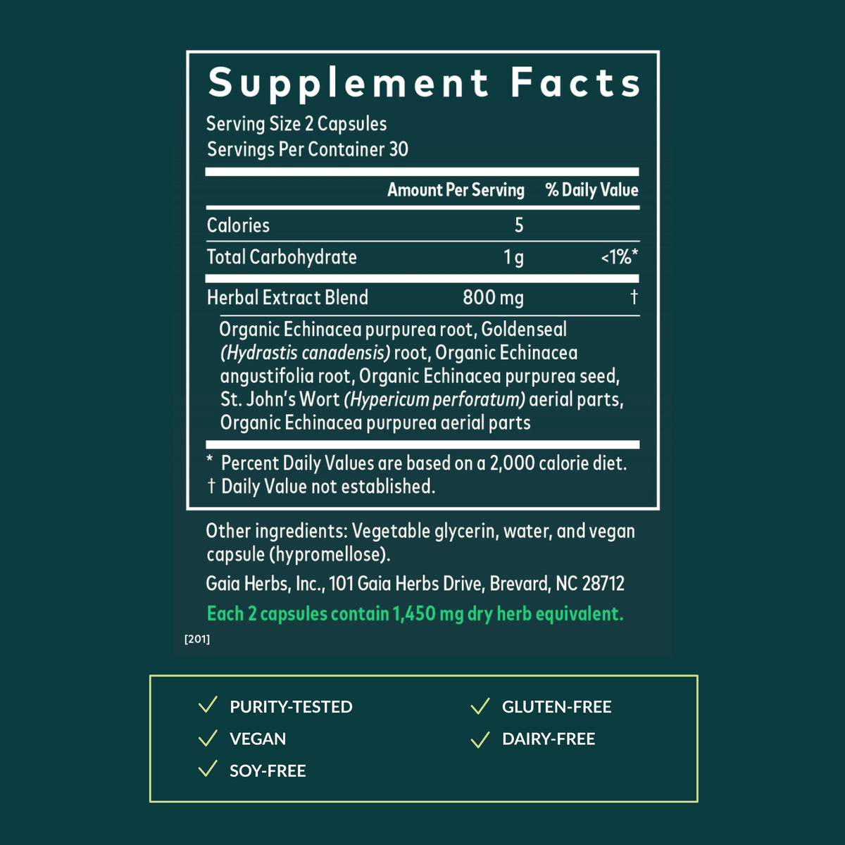 Side profile of Gaia Herbs Echinacea Goldenseal 60 capsule bottle
