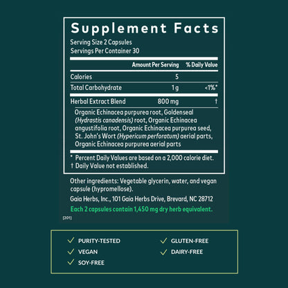Side profile of Gaia Herbs Echinacea Goldenseal 60 capsule bottle