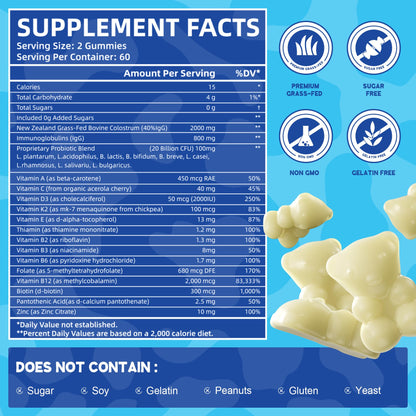 Lactobacillus flavor non GMO colostrum gummies for gut health and hair growth