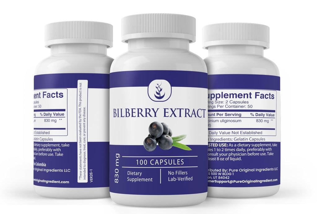 Pure Original Ingredients Bilberry supplement label showing 830 milligrams dosage