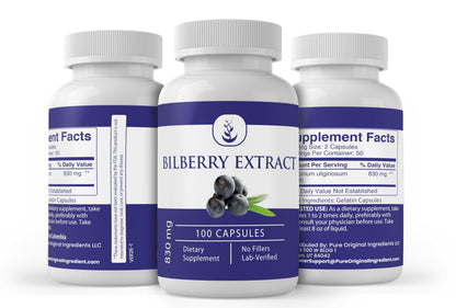 Pure Original Ingredients Bilberry supplement label showing 830 milligrams dosage