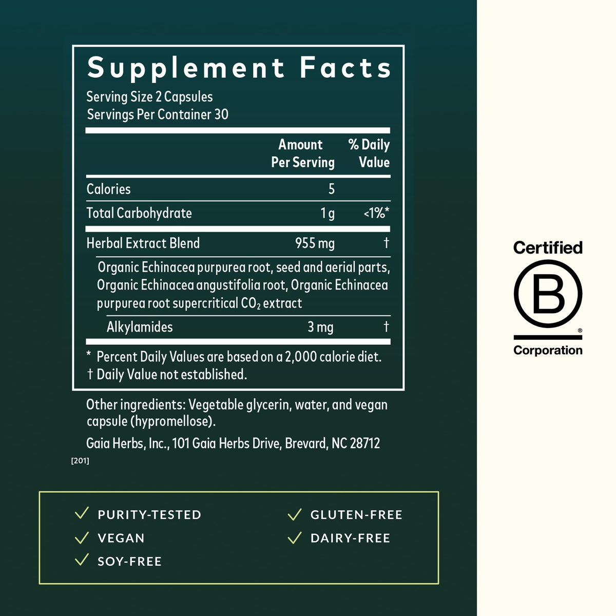 Back label of Gaia Herbs Echinacea Supreme showing ingredients