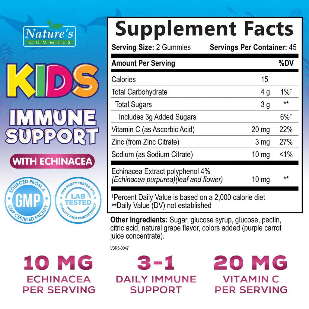 Natures Craft Kids Immune Support Gummies nutritional label
