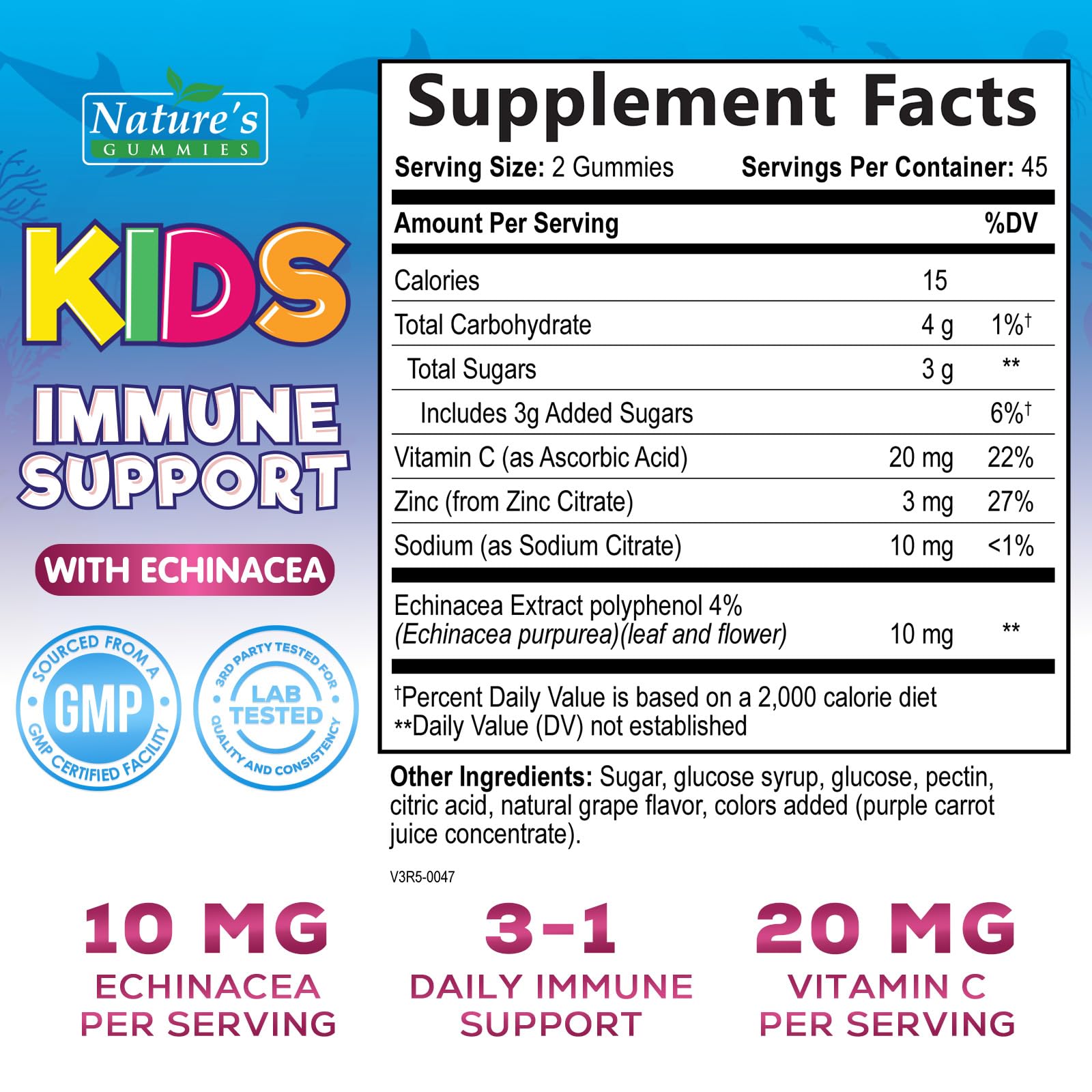 Natures Craft Kids Immune Support Gummies nutritional label