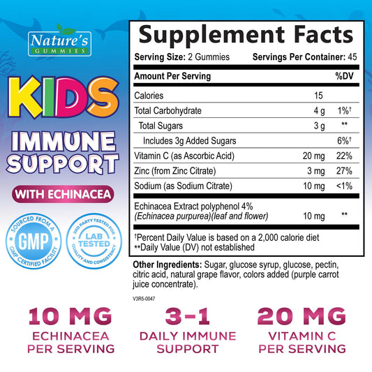 Natures Craft Kids Immune Support Gummies nutritional label