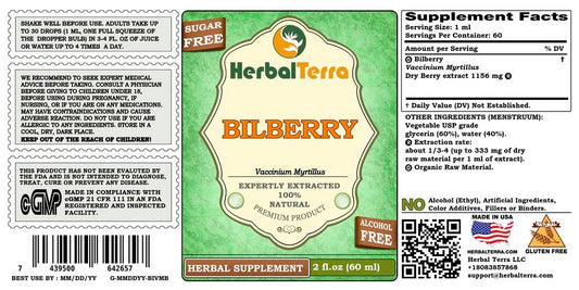 Herbal Terra Vaccinium Myrtillus twin pack bottles showing the glass dropper and clean herbal ingredients list