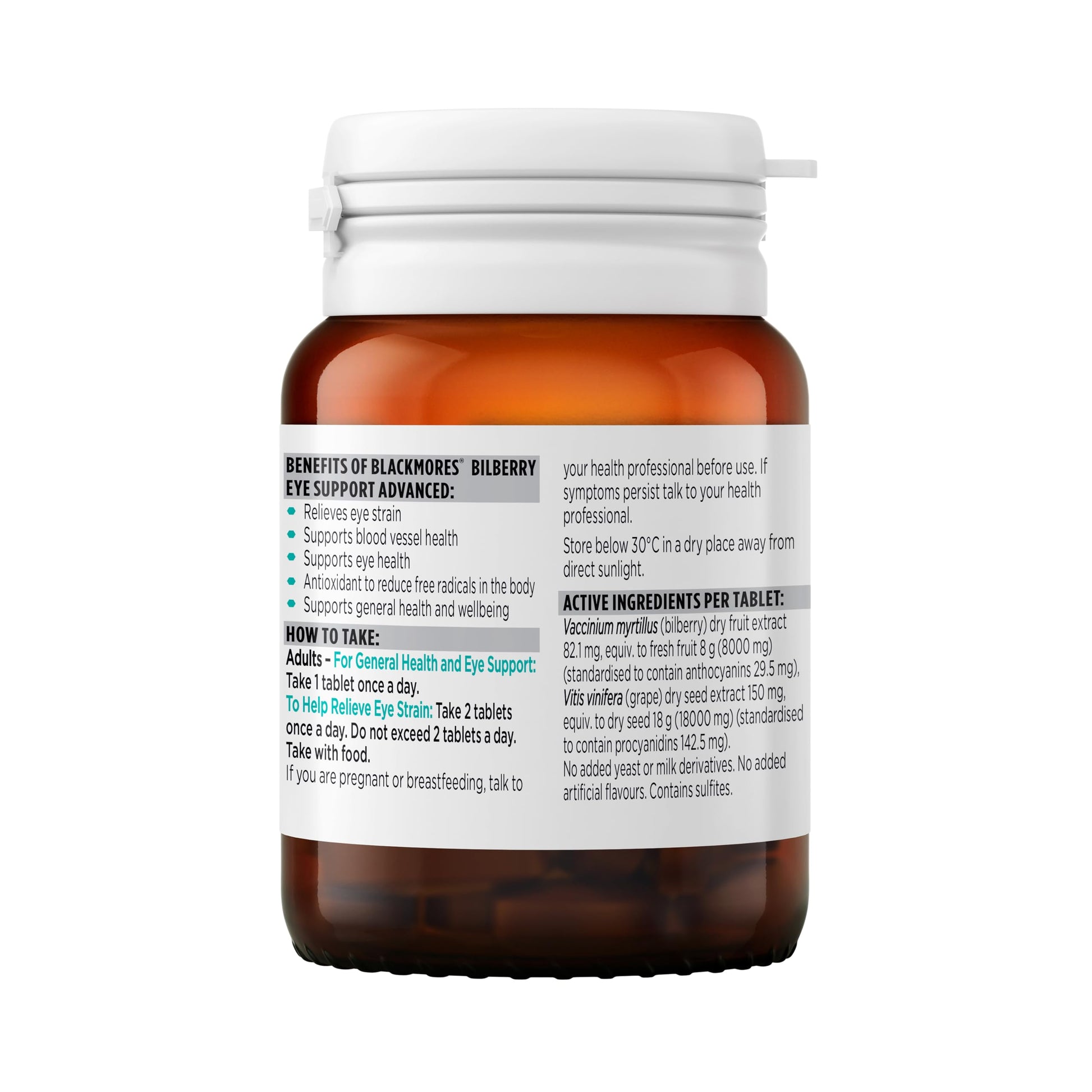 Imported Blackmores bilberry and grape seed extract tablets for reducing eye fatigue.