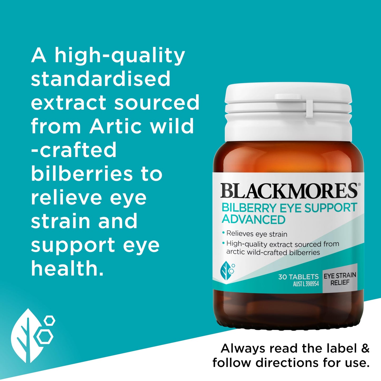 Side view of Blackmores Bilberry Eye Support Advanced packaging with usage directions.