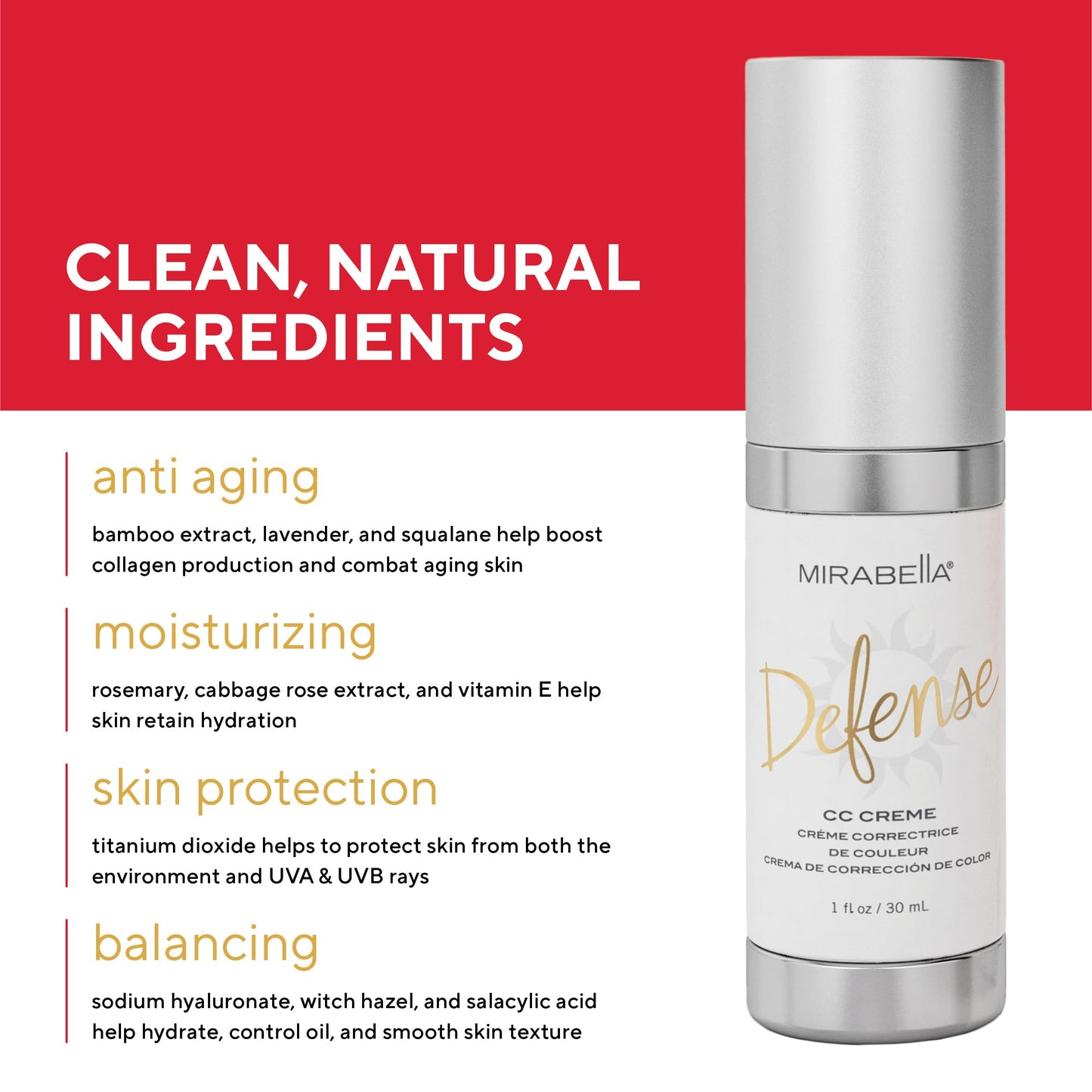 Mirabella Defense CC Creme ingredients and benefits label