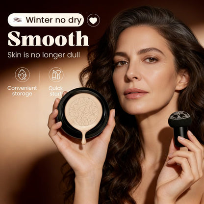 OETUIOW cushion foundation open compact showing the formula filter matrix next to the mushroom sponge puff.