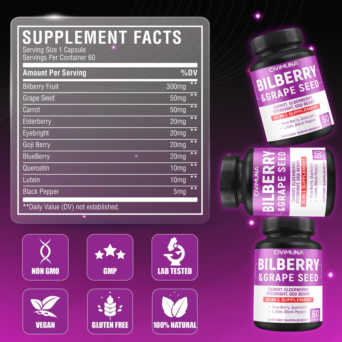 Civimuna imported USA dietary supplement bottles highlighting grape seed and lutein