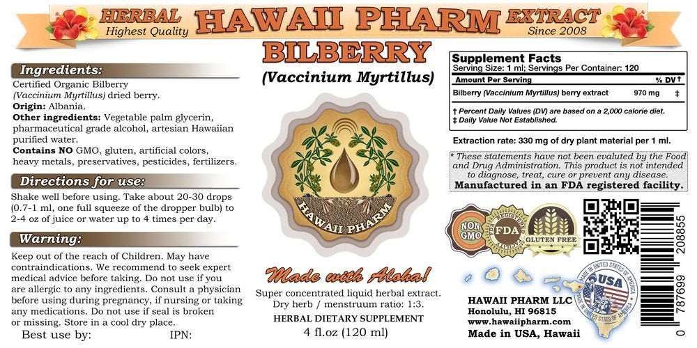 Hawaii Pharm Vaccinium Myrtillus concentrated herbal supplement label details and ingredients