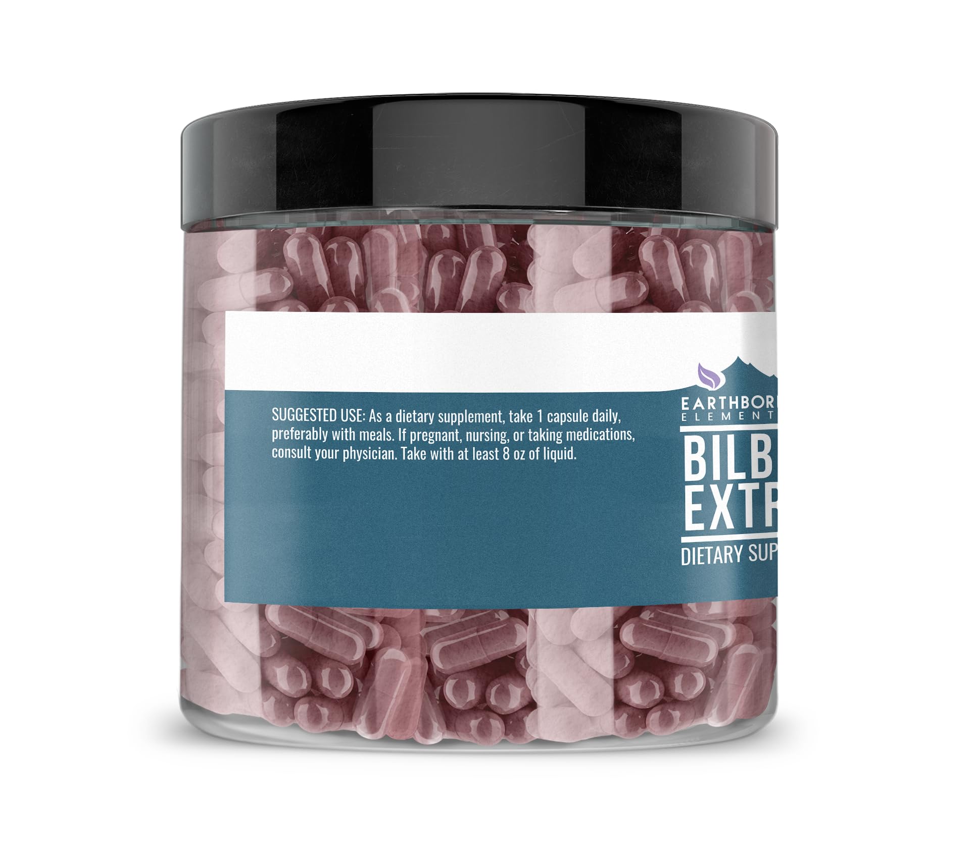 Pure and undiluted bilberry capsules bottle label showing clean ingredient profile