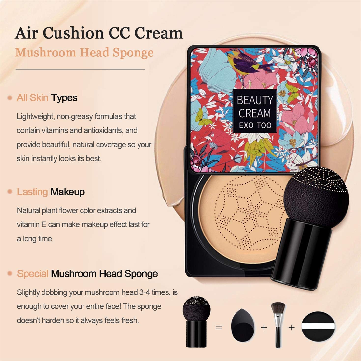 Two pack Nuibo CC cream and mushroom sponge applicators