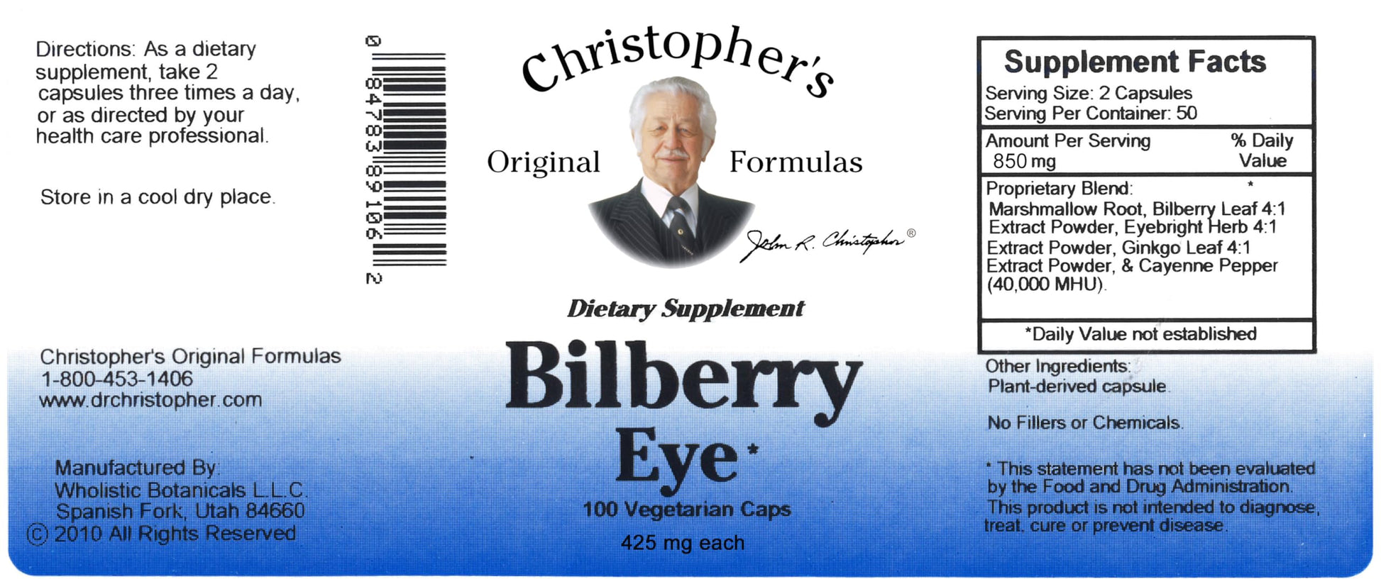 Dr. Christopher's Bilberry Eye four hundred twenty five milligrams capsule bottle showcasing packaging details.
