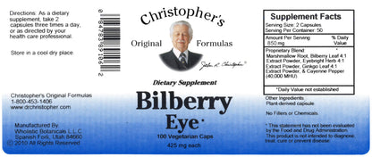 Dr. Christopher's Bilberry Eye four hundred twenty five milligrams capsule bottle showcasing packaging details.