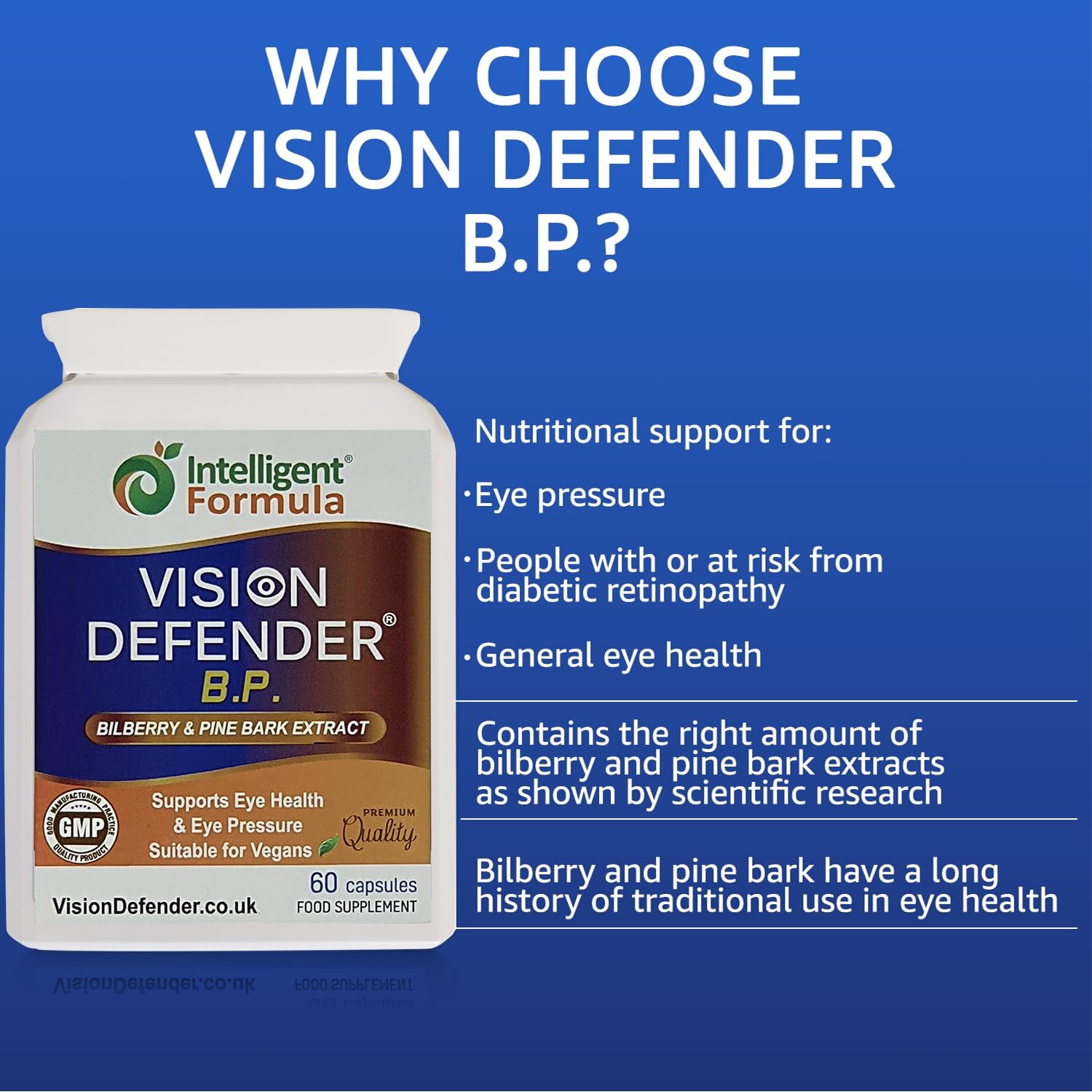 Vision Defender Intelligent Formula eye nutrition capsules with authentic bilberry and pine bark extract.