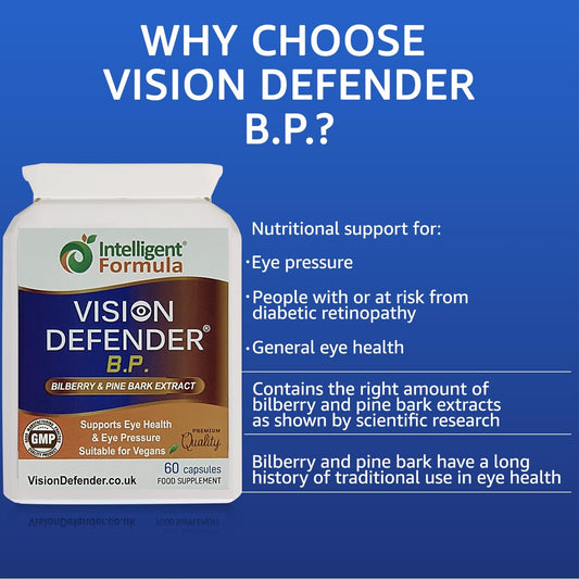 Vision Defender Intelligent Formula eye nutrition capsules with authentic bilberry and pine bark extract.
