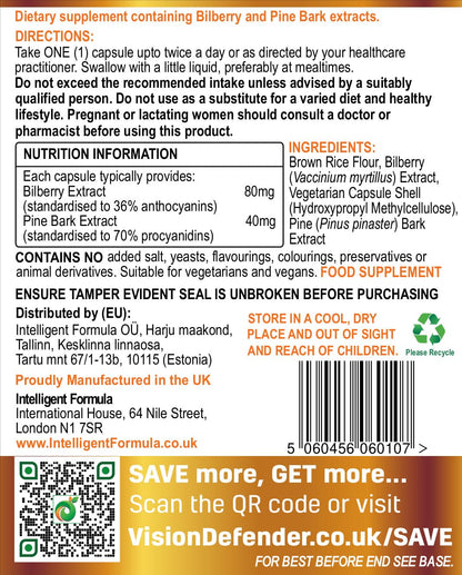 Close up view of non GMO gluten free Vision Defender capsules formulated by professional eye experts.