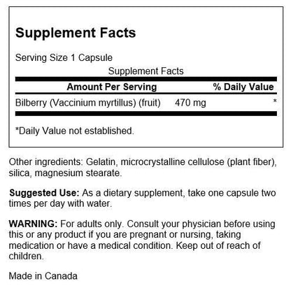 Swanson imported bilberry fruit vision liver and urinary tract support capsule supplement label details