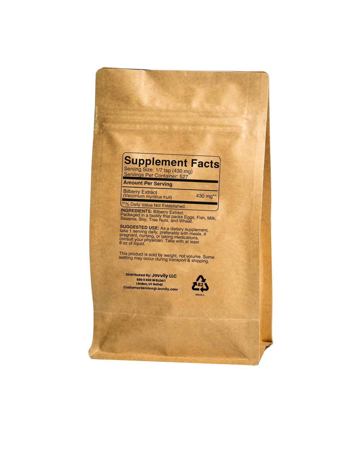 Authentic USA imported Jovvily bilberry fruit extract packaging highlighting the no fillers formulation label.