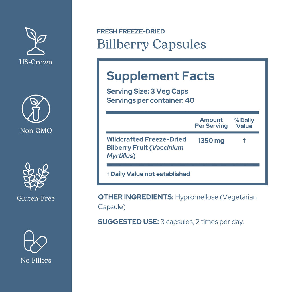 Eclectic Institute freeze dried raw bilberry vegetarian capsules supplement facts label
