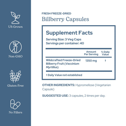 Eclectic Institute freeze dried raw bilberry vegetarian capsules supplement facts label