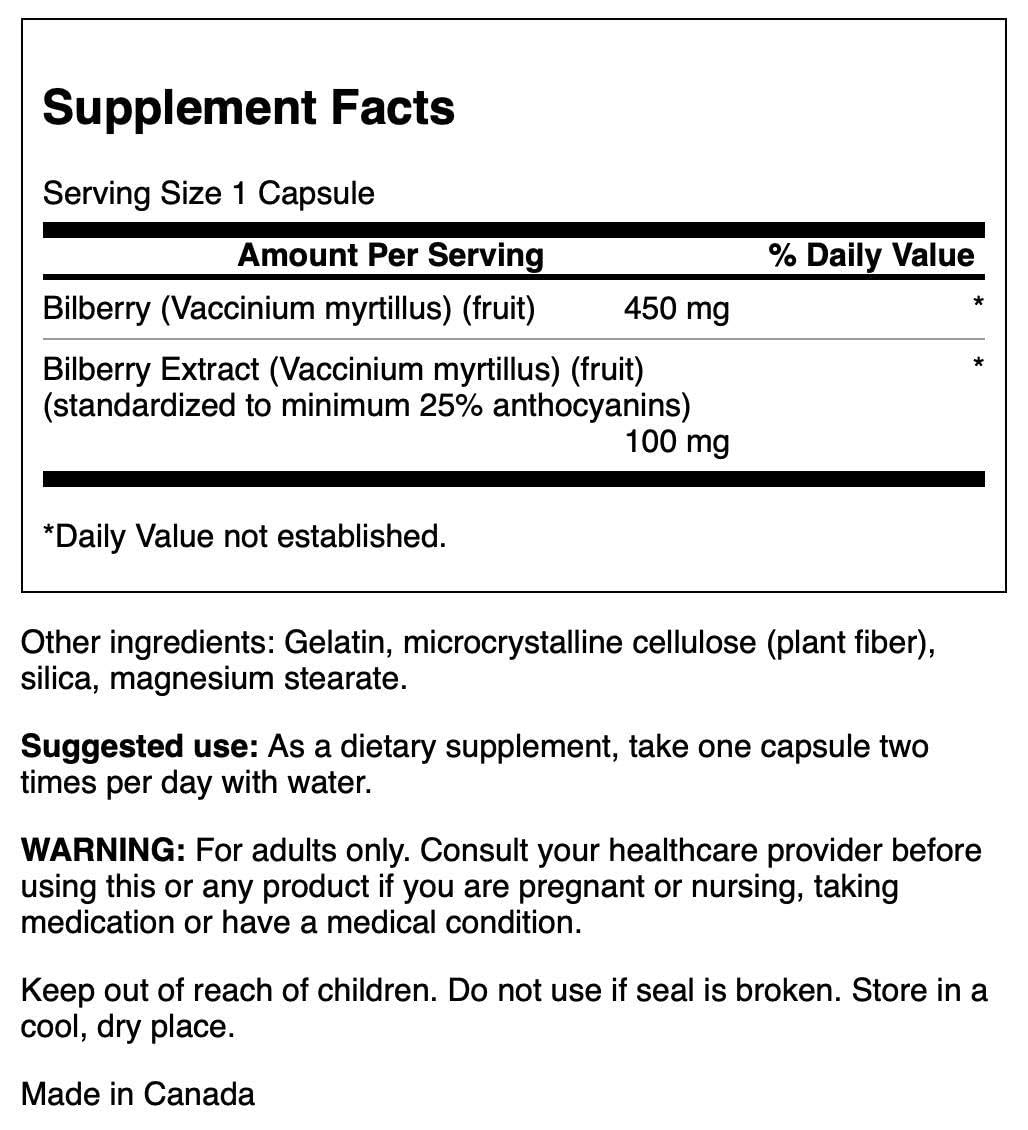 Swanson standardized bilberry extract 100 milligrams dietary supplement bottle label