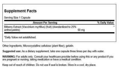 Swanson standardized bilberry extract herbal supplement bottle showing dosage specifications