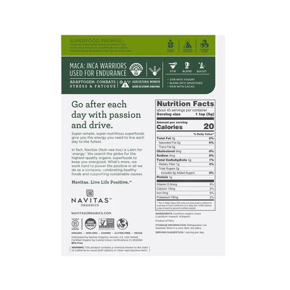 Organic maca root powder packaging back showing nutritional details and certified organic seals