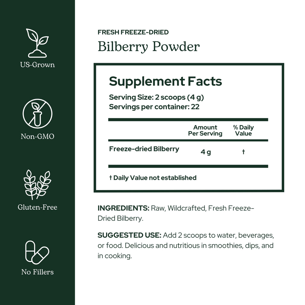 Eclectic Herb freeze dried bilberry powder nutritional label and facts