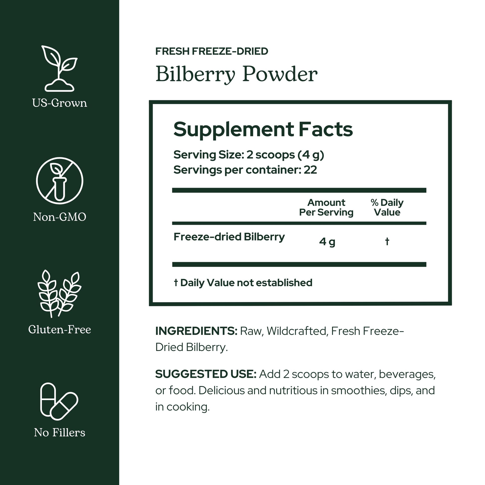 Eclectic Herb freeze dried bilberry powder nutritional label and facts