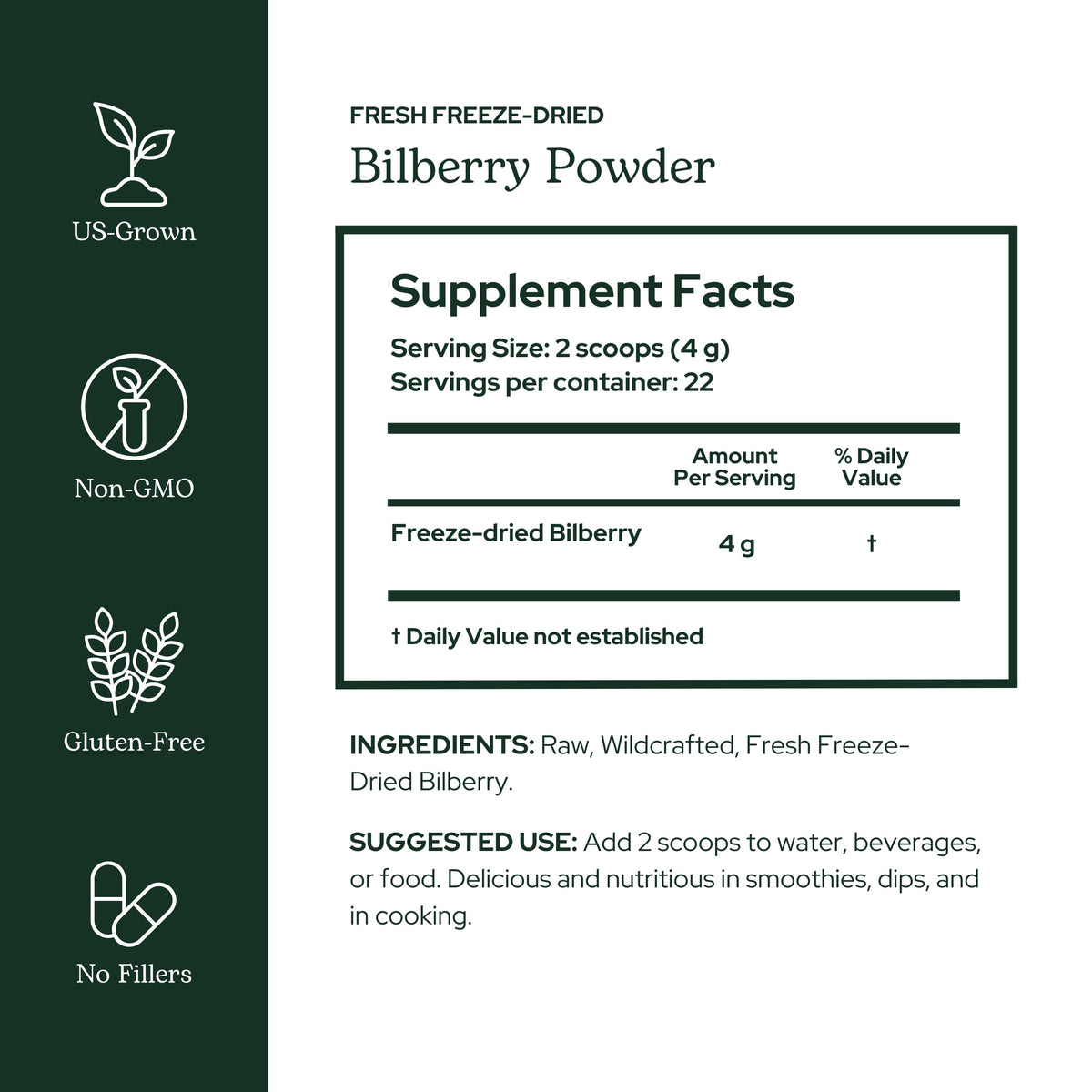 Eclectic Herb freeze dried bilberry powder nutritional label and facts
