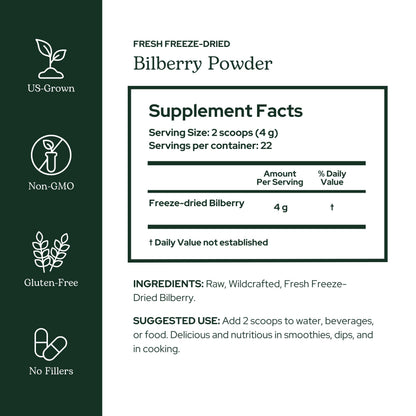 Eclectic Herb freeze dried bilberry powder nutritional label and facts