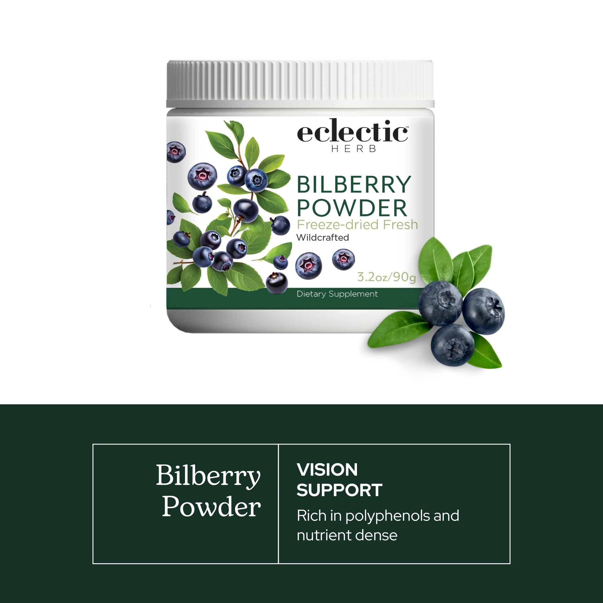 Wildcrafted whole food bilberry powder 3.2 ounces container for eye health