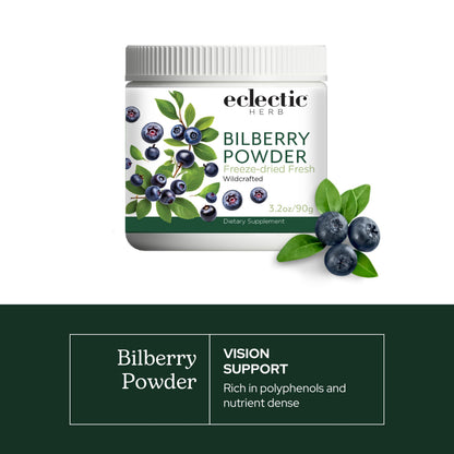 Wildcrafted whole food bilberry powder 3.2 ounces container for eye health