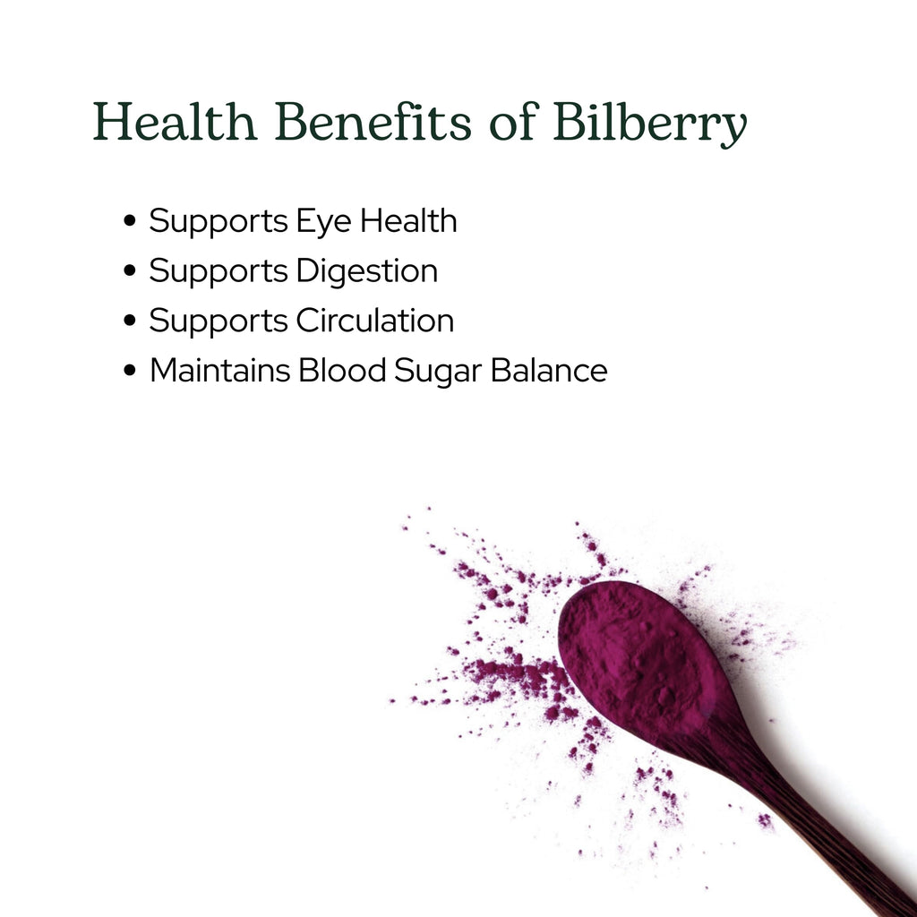 Vegan non GMO gluten free bilberry superfood powder packaging details