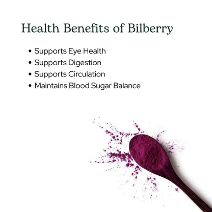 Vegan non GMO gluten free bilberry superfood powder packaging details
