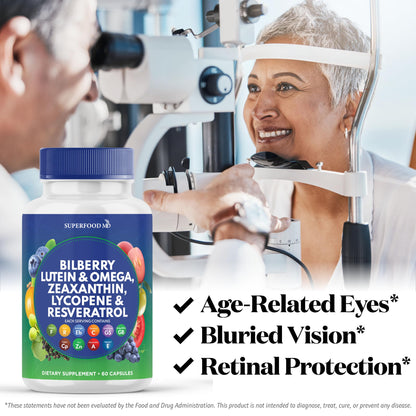 Side angle of Superfood MD macular support supplement for digital eye strain relief.