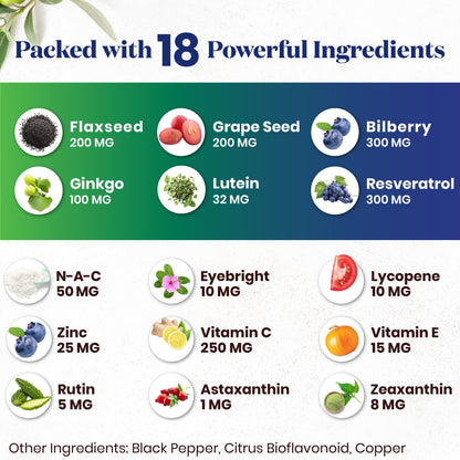 Authentic USA imported Superfood MD eye care capsules highlighting blue light filtration benefits.