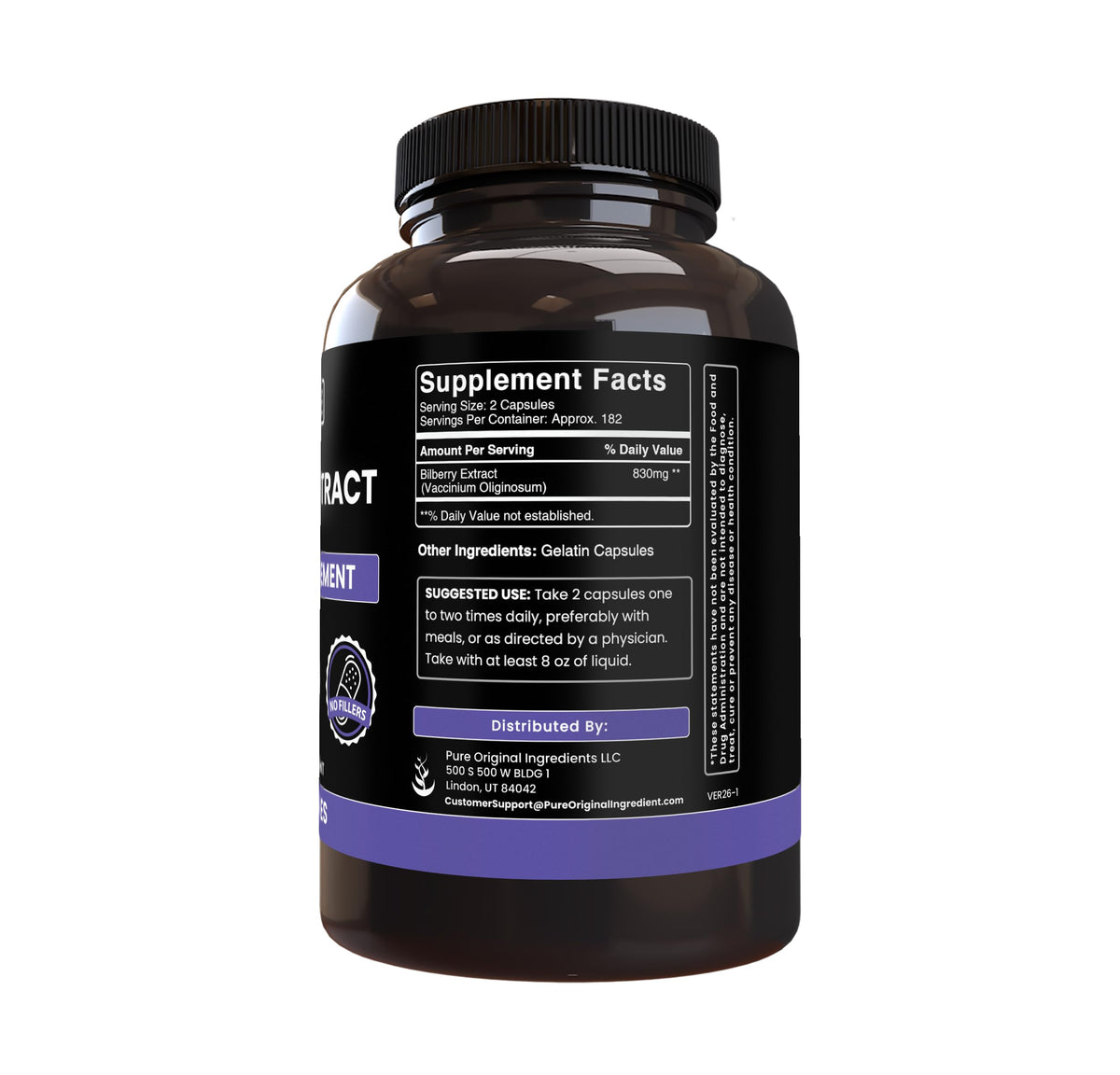 Pure Original Ingredients Bilberry Extract supplement bottle showing no fillers label.